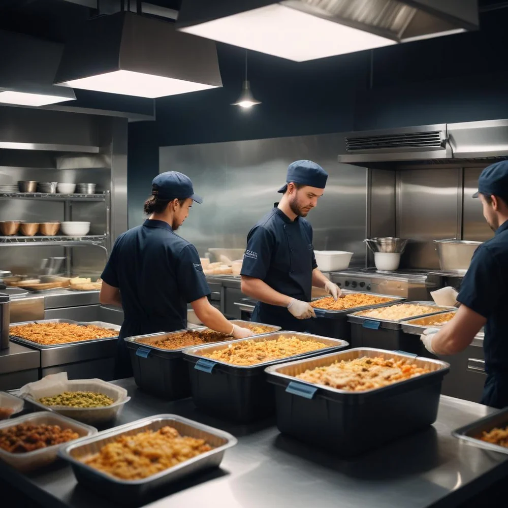 Operação de dark kitchen e delivery — equipe preparando e montando pedidos para entrega